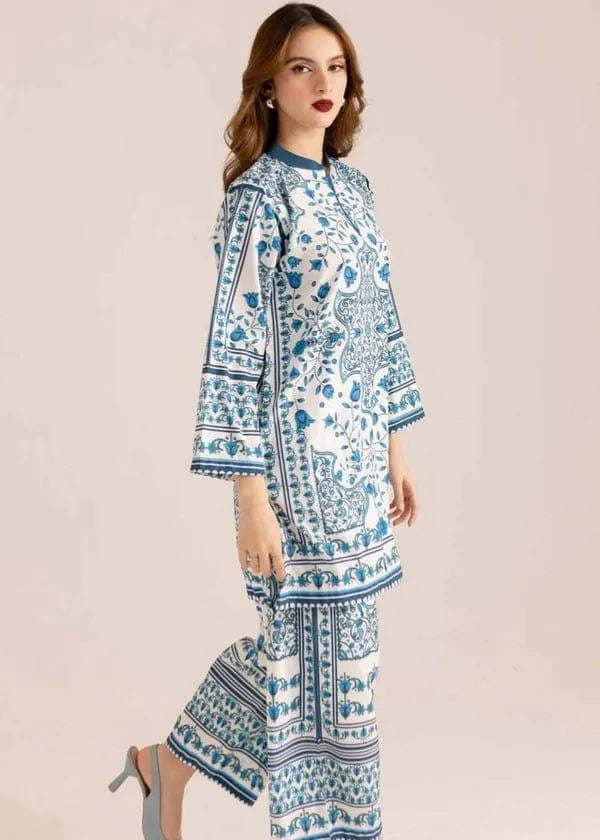 Blue Printed Swiss Lawn 2-Piece Co-Ord Set for Women