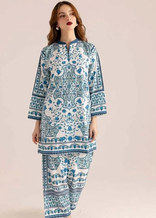 Blue Printed Swiss Lawn 2-Piece Co-Ord Set for Women