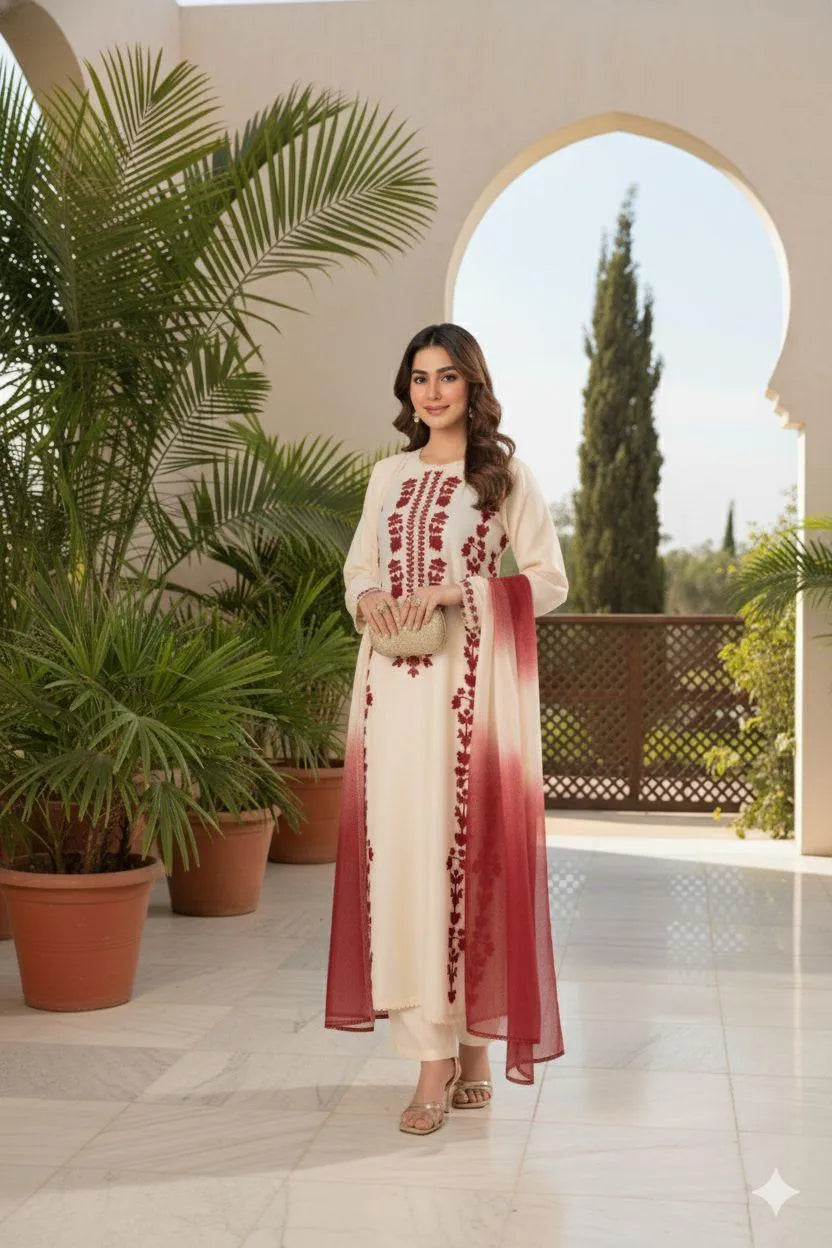 Pakistani Embroidered Kurta Pajama Set Cream Maroon