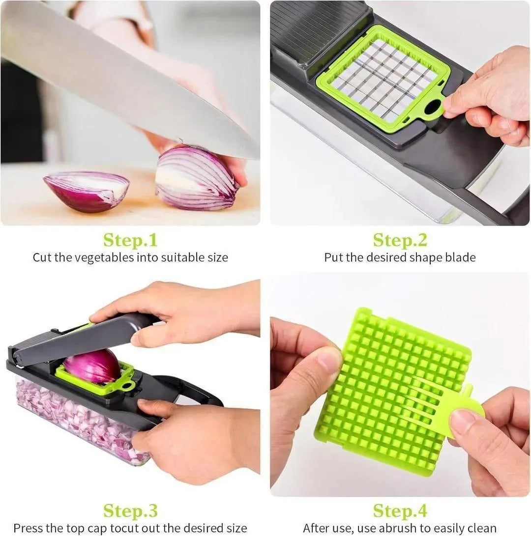 12-in-1 Multi-Functional Vegetable Chopper & Slicer - Manual Onion Cutter with 7 Interchangeable Blades - Professional Kitchen Salad Maker & Fruit Dicer