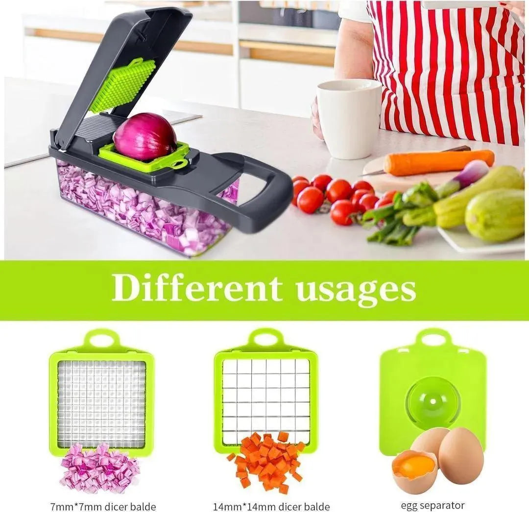 12-in-1 Multi-Functional Vegetable Chopper & Slicer - Manual Onion Cutter with 7 Interchangeable Blades - Professional Kitchen Salad Maker & Fruit Dicer