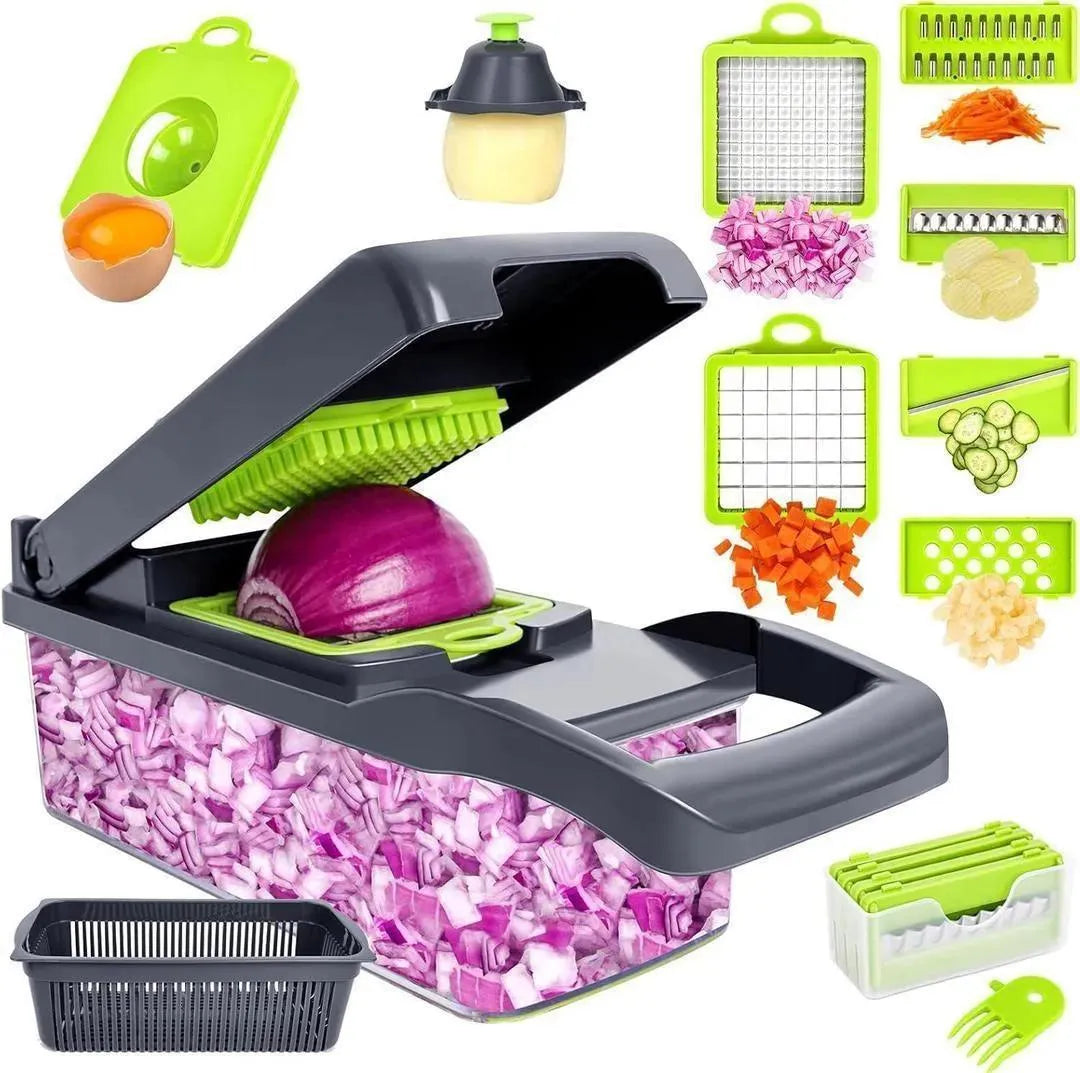 12-in-1 Multi-Functional Vegetable Chopper & Slicer - Manual Onion Cutter with 7 Interchangeable Blades - Professional Kitchen Salad Maker & Fruit Dicer