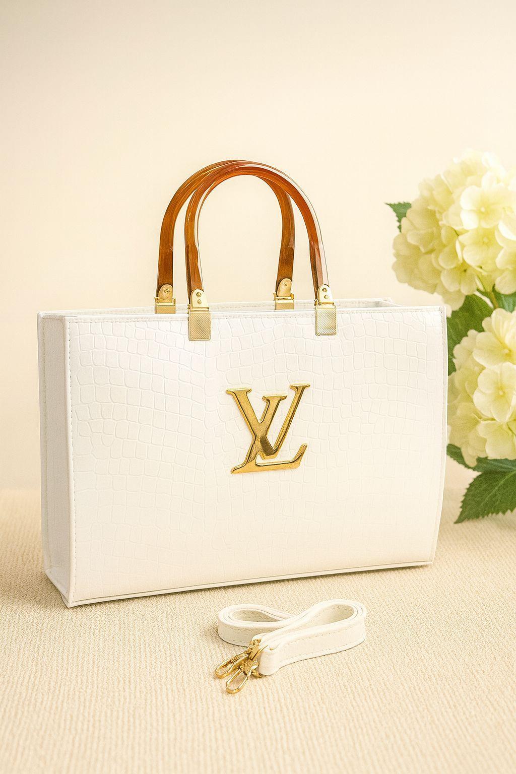 White Luxurious Tote Bag with Detachable Strap &amp; Zipper Pocket