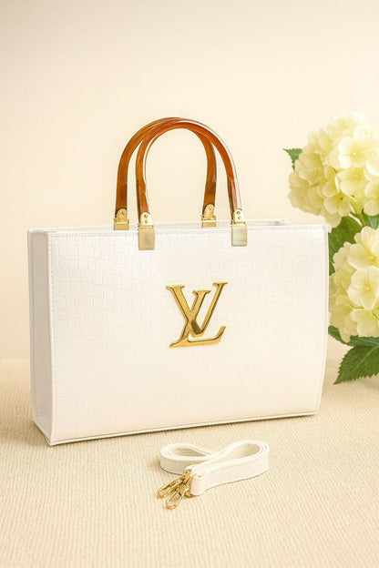 White Luxurious Tote Bag with Detachable Strap &amp; Zipper Pocket