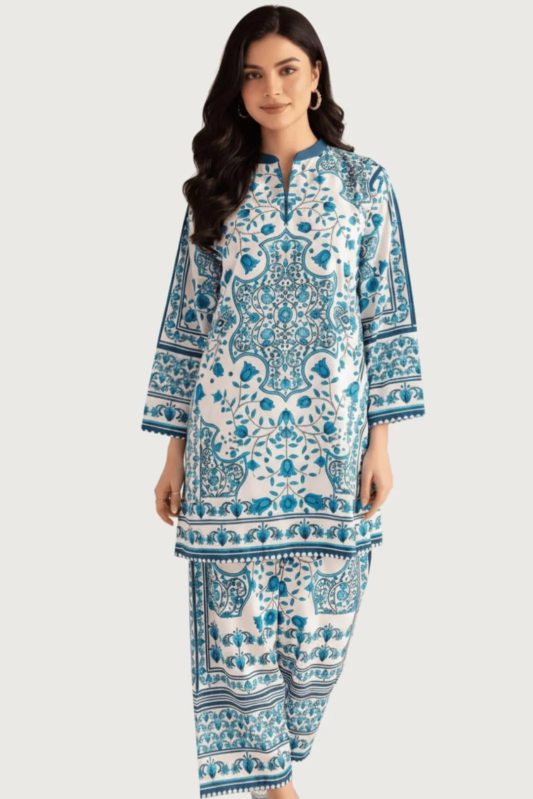 Blue Printed Swiss Lawn 2-Piece Co-Ord Set for Women