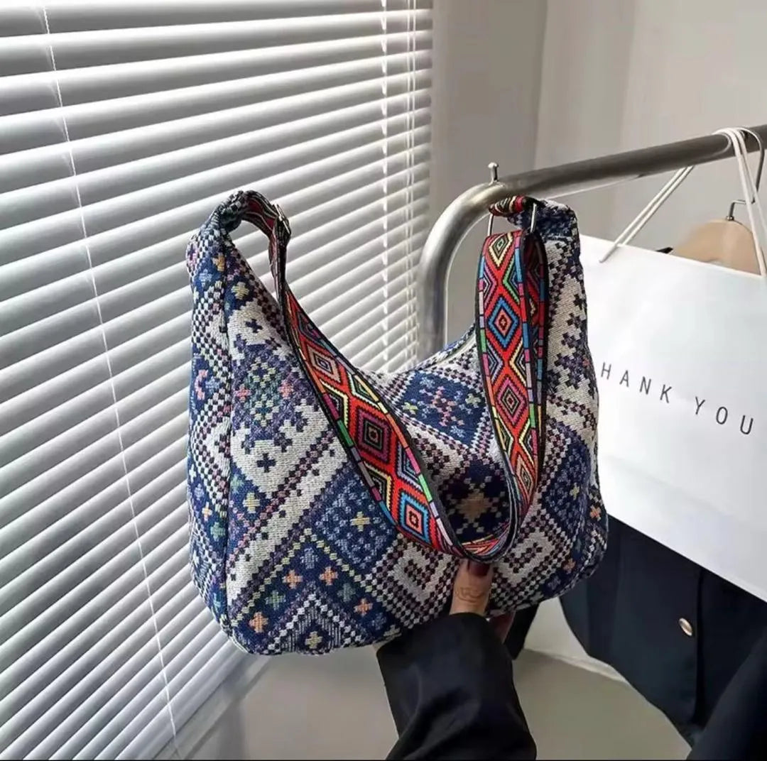 Bohemian Woven Shoulder Bag with Geometric Strap