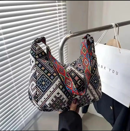 Bohemian Woven Shoulder Bag with Geometric Strap
