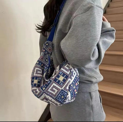 Bohemian Woven Shoulder Bag with Geometric Strap