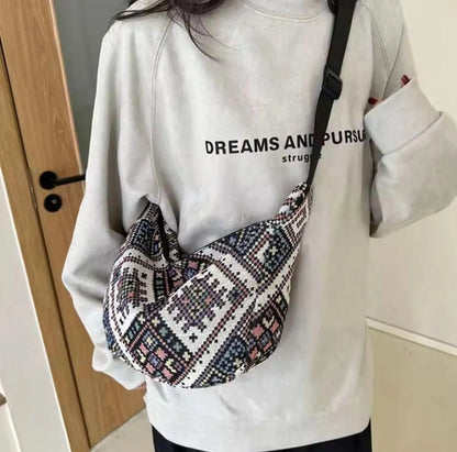 Bohemian Woven Shoulder Bag with Geometric Strap