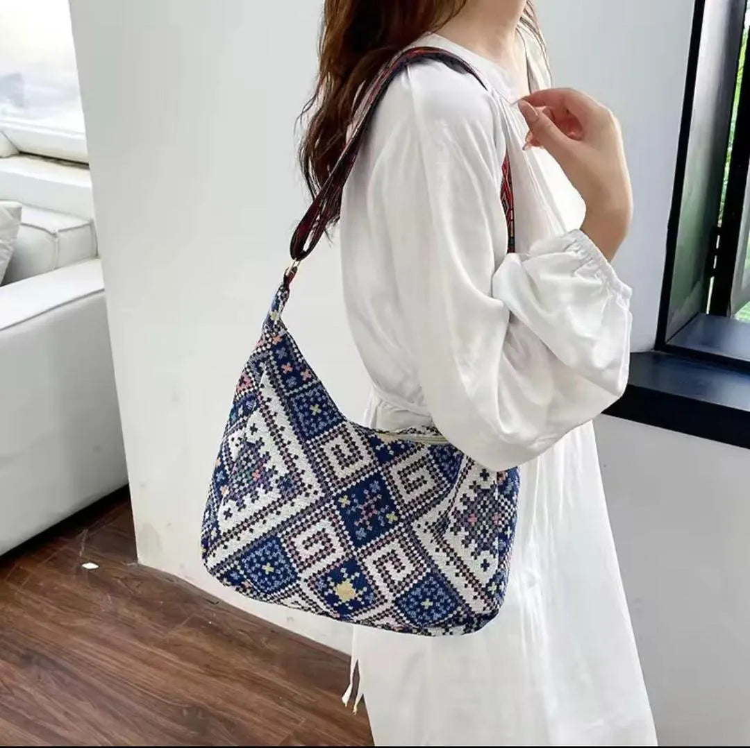 Bohemian Woven Shoulder Bag with Geometric Strap