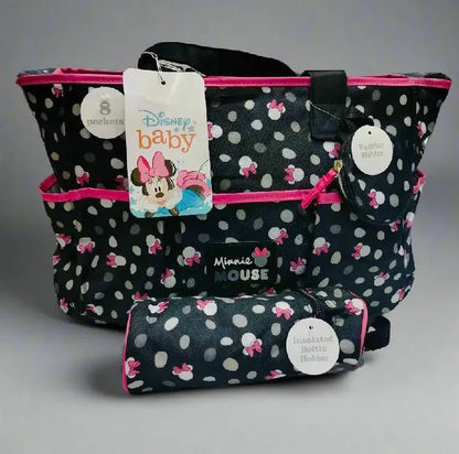 Minnie Mouse Baby Bag 8 Pockets Cotton Black Pink