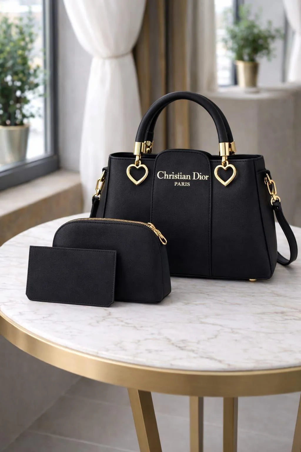 Christian Dior Black Handbag Set Gold Plated