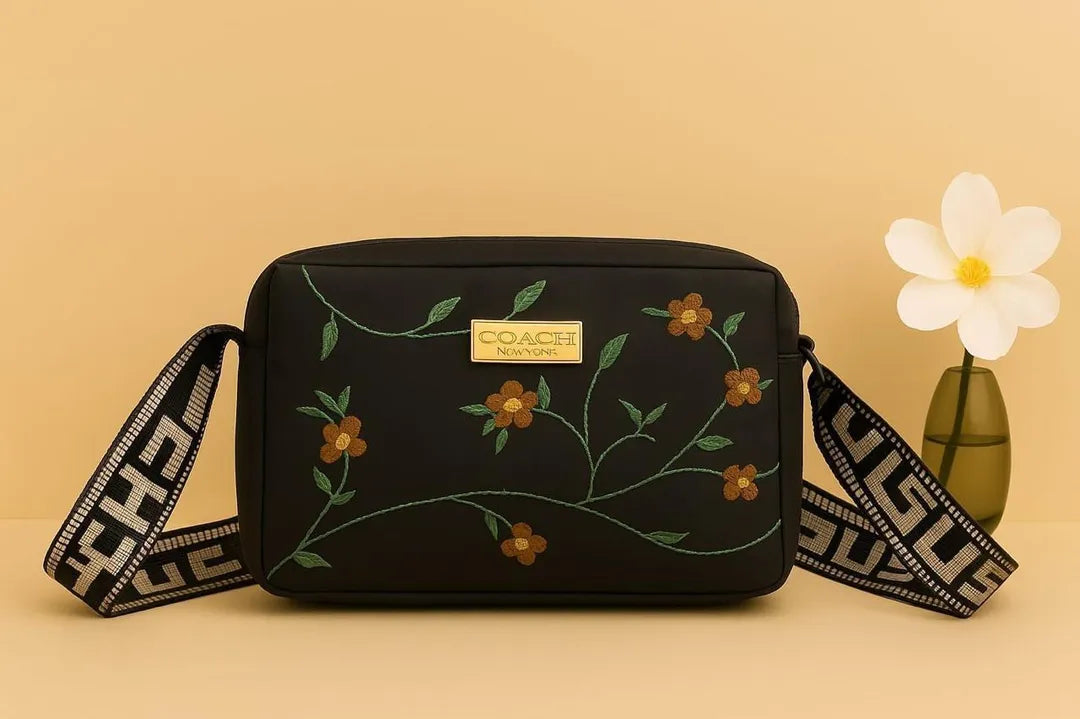Black Embroidered Leather Crossbody Bag for Girls