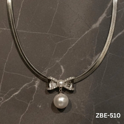 Stainless Steel Pearl Pendant Necklace Silver Bow Design
