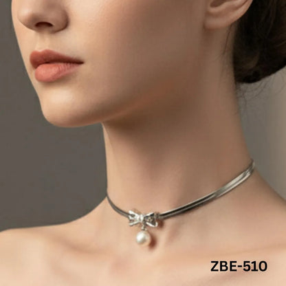 Stainless Steel Pearl Pendant Necklace Silver Bow Design