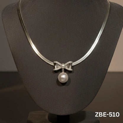 Stainless Steel Pearl Pendant Necklace Silver Bow Design