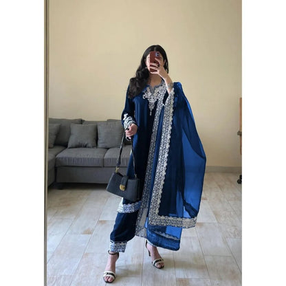 Blue Embroidered 3Pcs Organza Set with Dupatta