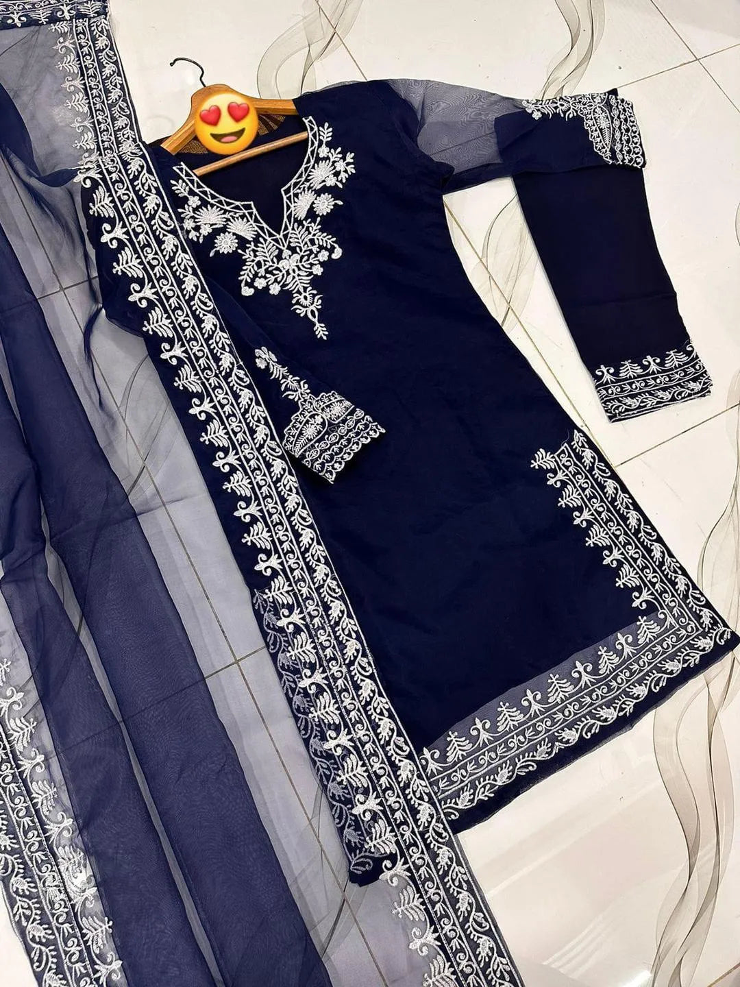 Blue Embroidered 3Pcs Organza Set with Dupatta