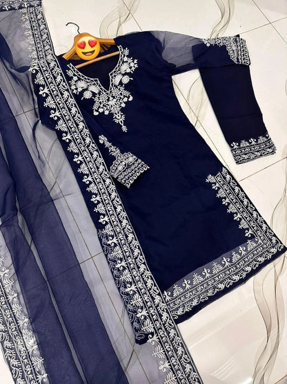 Blue Embroidered 3Pcs Organza Set with Dupatta