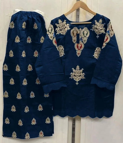 Cotton Embroidered Shirt &amp; Flapper Set Blue Size 20-21