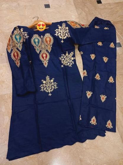 Cotton Embroidered Shirt &amp; Flapper Set Blue Size 20-21