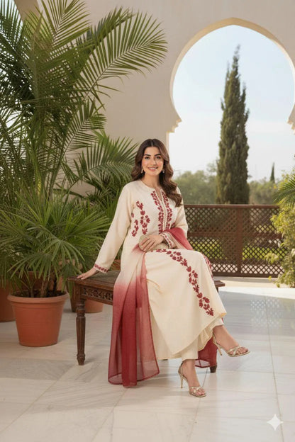 Pakistani Embroidered Kurta Pajama Set Cream Maroon
