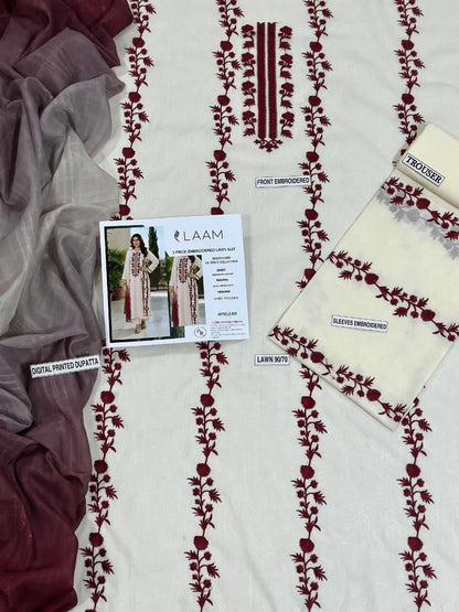 Pakistani Embroidered Kurta Pajama Set Cream Maroon