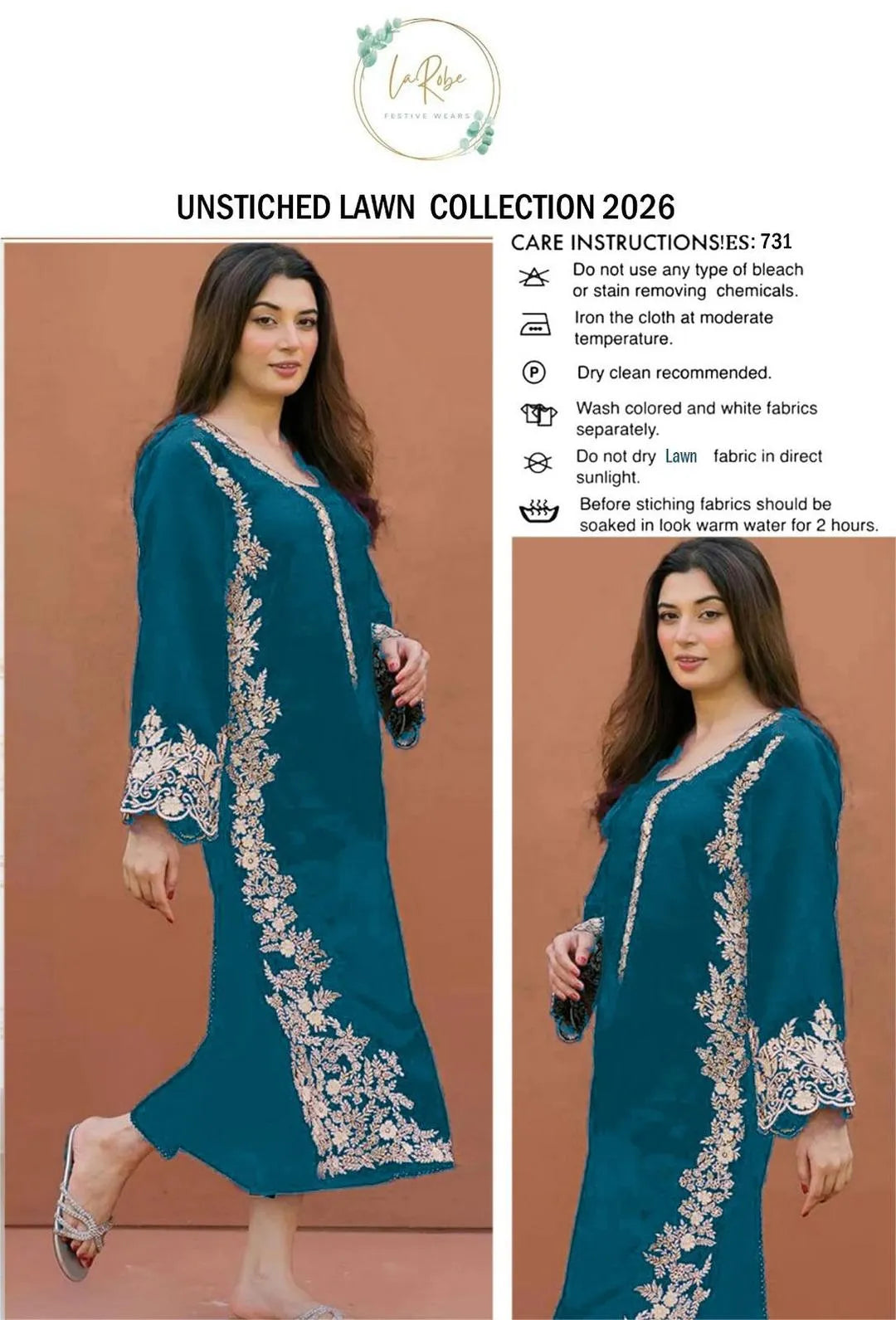 Unstitched Lawn Suit Blue Gold Embroidery for Bakra Eid