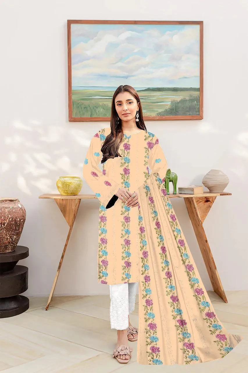 Unstitched 3-Piece Embroidered Suit Yellow for Eid