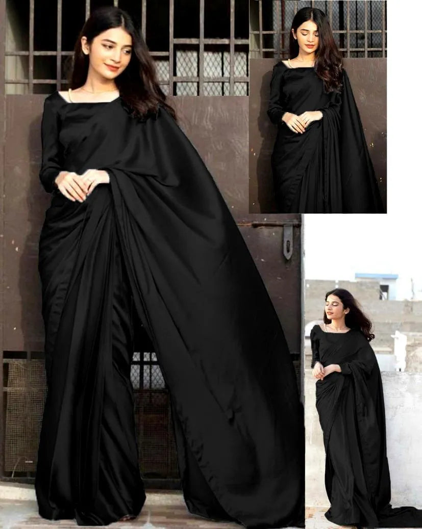 Black Silk Saree with Attached Petticoat &amp; 7 Yards Stitch