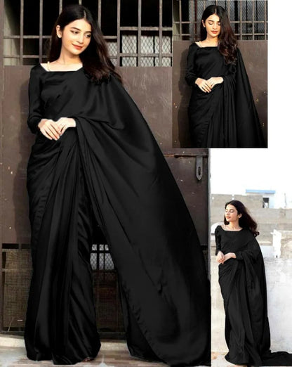 Black Silk Saree with Attached Petticoat &amp; 7 Yards Stitch