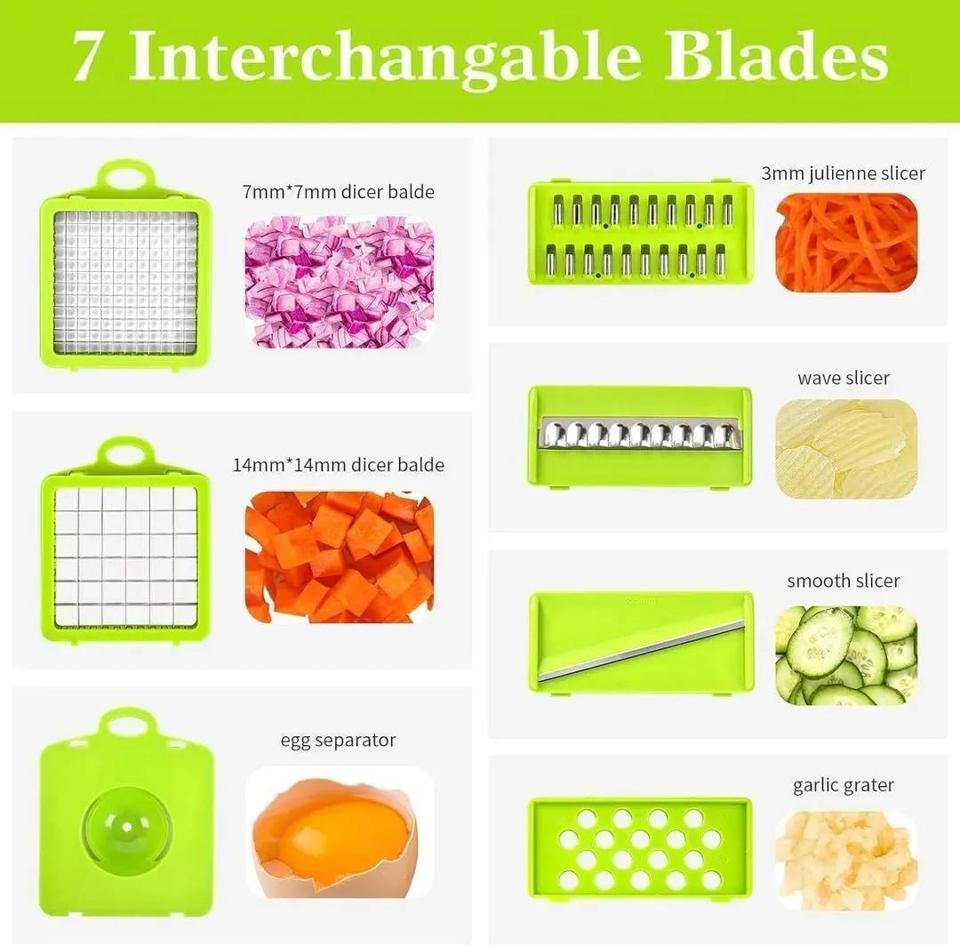 12-in-1 Multi-Functional Vegetable Chopper &amp; Slicer - Manual Onion Cutter with 7 Interchangeable Blades - Professional Kitchen Salad Maker &amp; Fruit Dicer