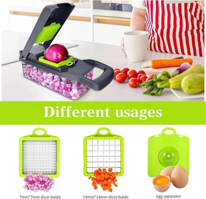 12-in-1 Multi-Functional Vegetable Chopper &amp; Slicer - Manual Onion Cutter with 7 Interchangeable Blades - Professional Kitchen Salad Maker &amp; Fruit Dicer