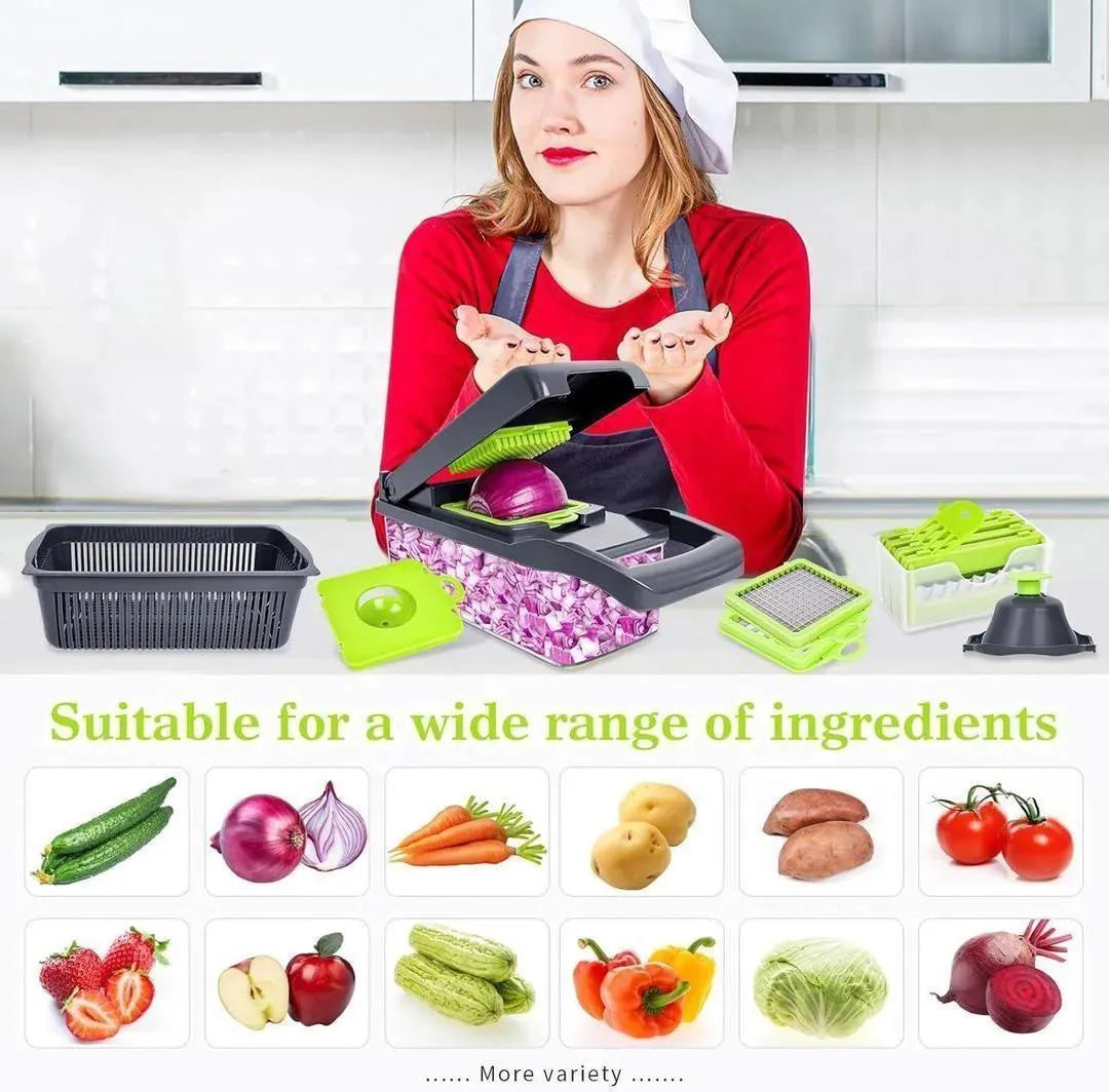 12-in-1 Multi-Functional Vegetable Chopper &amp; Slicer - Manual Onion Cutter with 7 Interchangeable Blades - Professional Kitchen Salad Maker &amp; Fruit Dicer