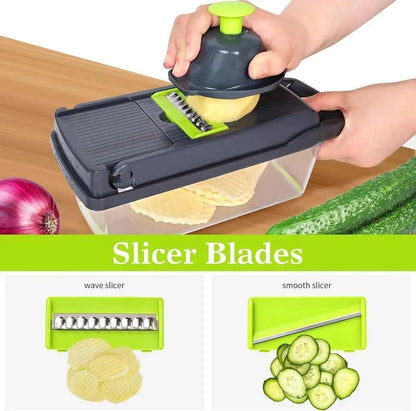 12-in-1 Multi-Functional Vegetable Chopper &amp; Slicer - Manual Onion Cutter with 7 Interchangeable Blades - Professional Kitchen Salad Maker &amp; Fruit Dicer