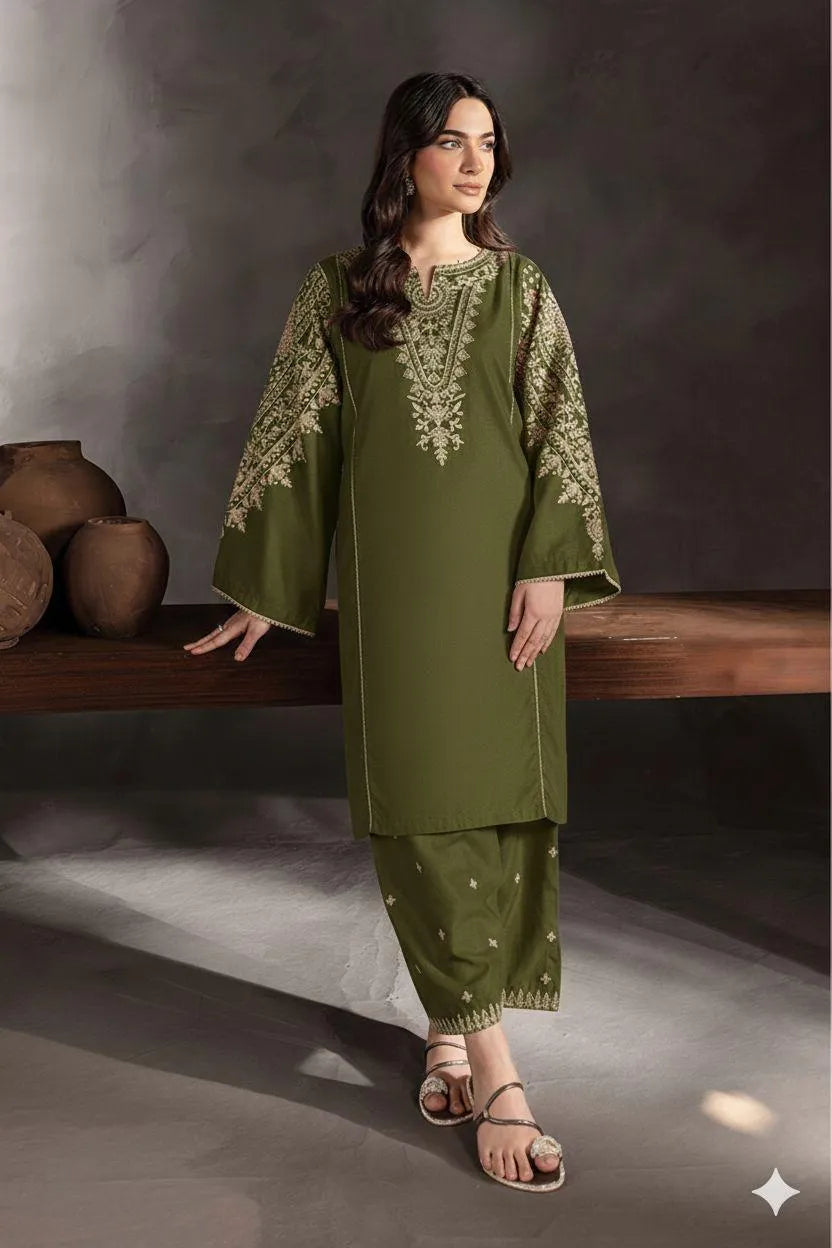 Green Embroidered Lawn 2Pcs Shirt Trouser Set