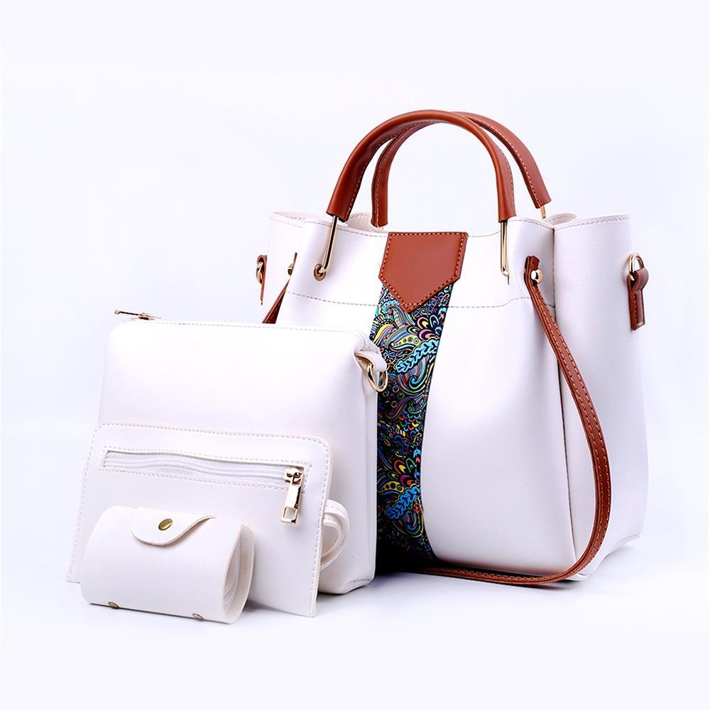 White 4-Piece PU Leather Handbag Set with Paisley Design